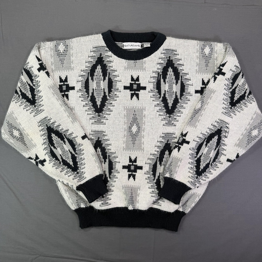 Vintage Aztec Black And White Sweater Size Medium 90s Classic Grandpa Style